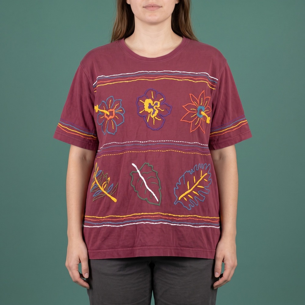 Westbound T-Shirt Womens 1X Burgundy Floral Hibiscus Embroidered